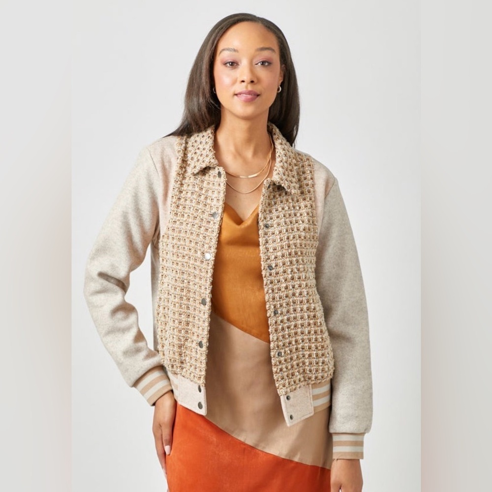 NWT! Mystree Women's Mixed Media Colorblock Bomber Jacket Size Small